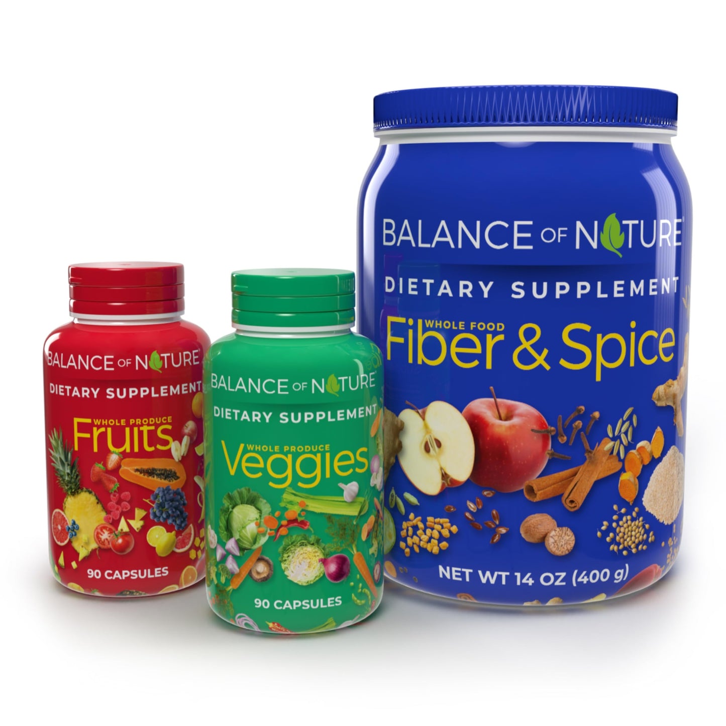 Balance of Nature Whole Health System - Whole Food Fruits & Veggies and Fiber & Spice Supplements - 30 Servings Each