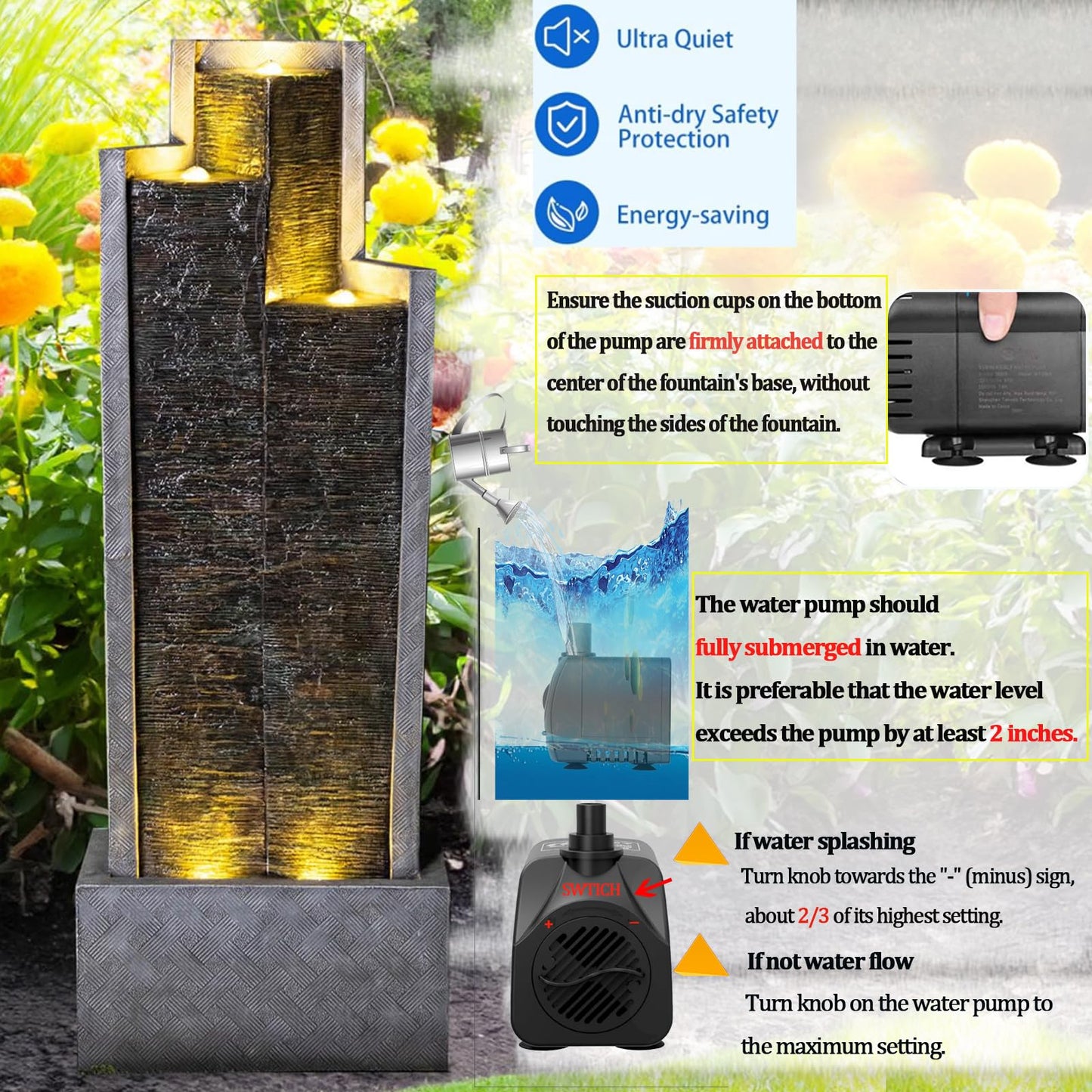 Waterfall Fountain Outdoor Garden Fountain - 49.6" H Outdoor Water Fountain Large Modern Indoor Floor Standing Outdoor Fountain with Lights Pump for Garden Patio Backyard Porch Home