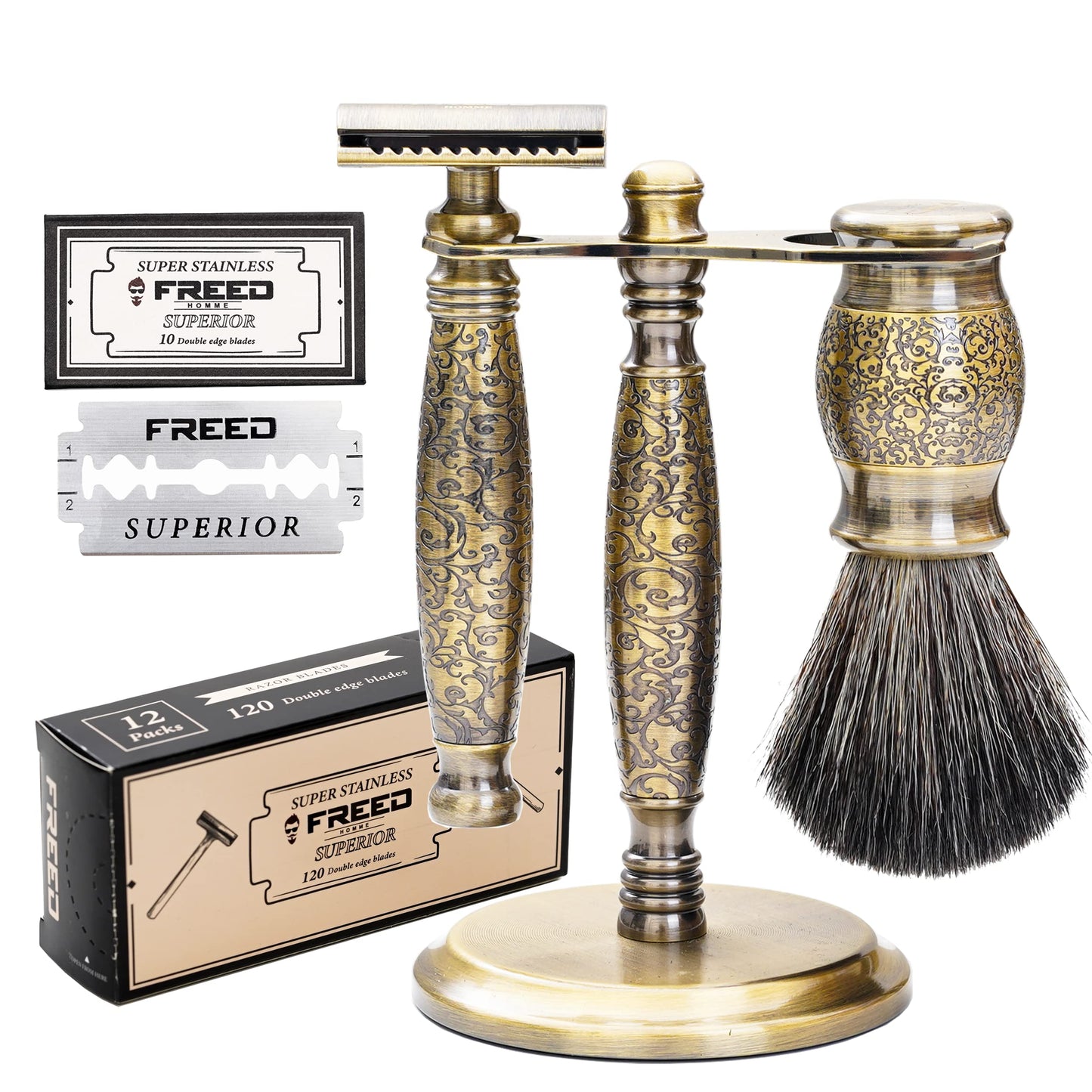 FREED Luxury Shaving Set for Men - Double Edge Safety Razor with alloy handle include 120 count Japanese 6cr13 Stainless Steel, razor stand, shaving brush,christmas gifts for Men,Made in Taiwan