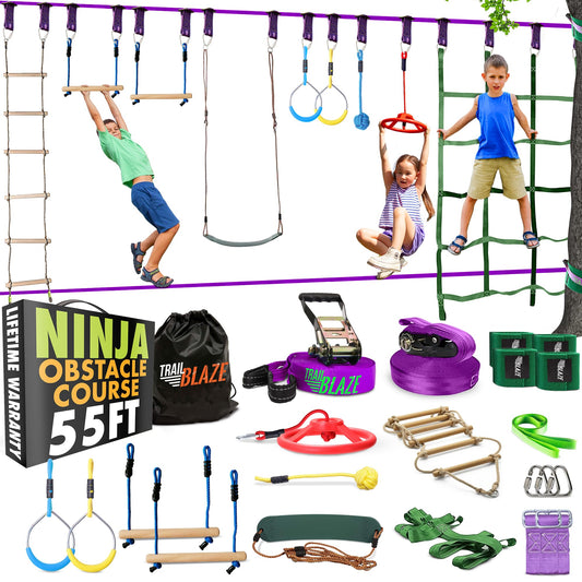 Ninja Warrior Obstacle Course for Kids - 2 x 55ft Slackline Double the Fun Exciting Obstacles Cargo Net Rope Ladder Monkey Bars Ninja Course for Kids