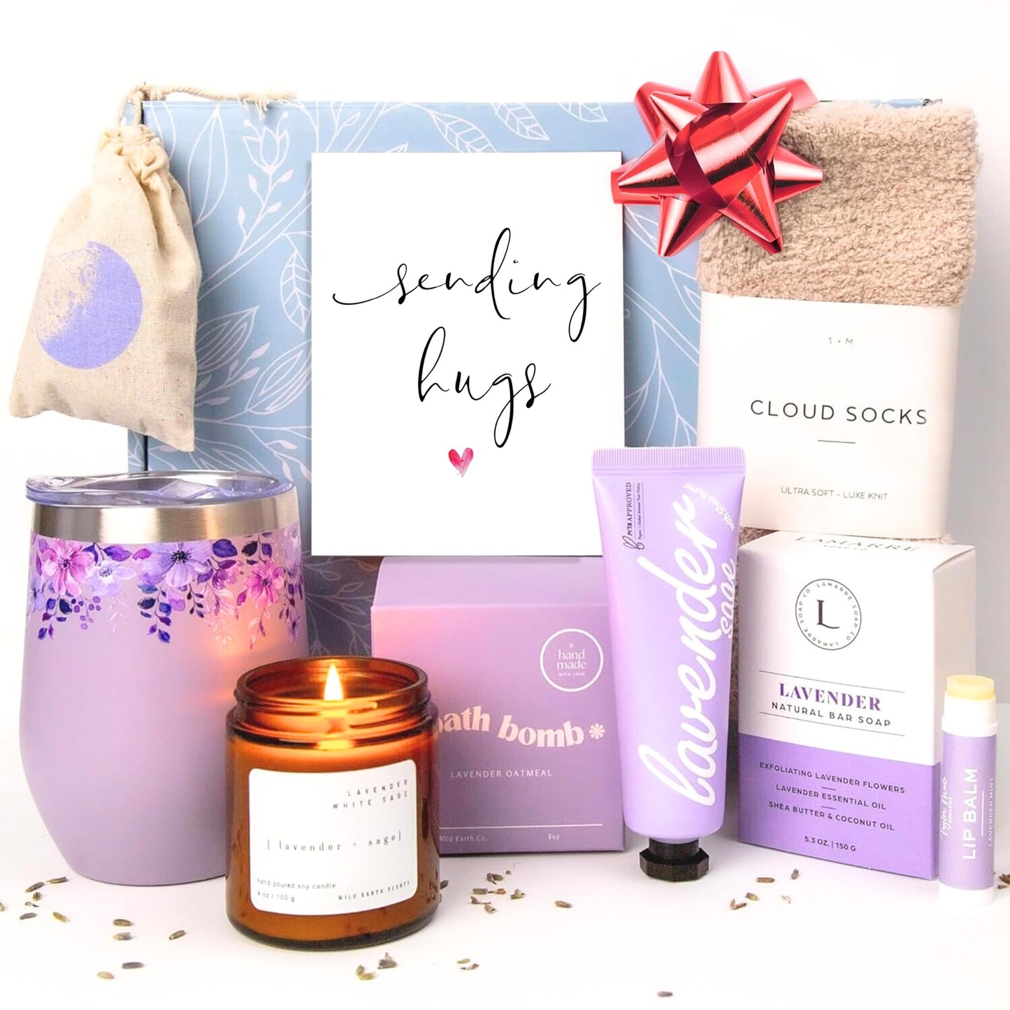 "Unboxme Lavender Spa Gift Set - Relaxation Gifts For Women - Get Well Soon Gift Basket with Scented Candle, Bath Bomb, Soap (""Sending Hugs"" Greeting Card, Luxury Lavender Collection)"