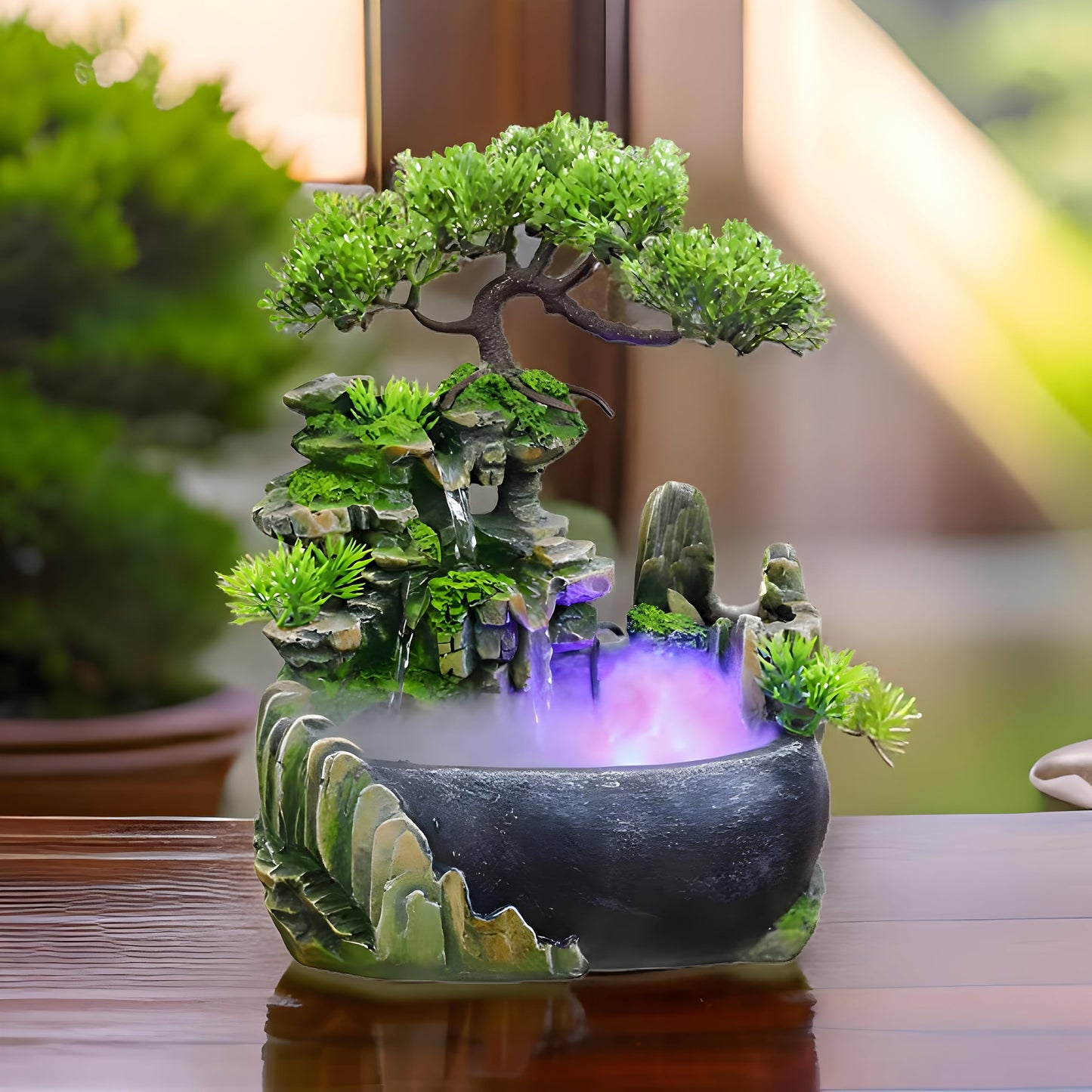 CYLLYKGIFT Tabletop Bonsai Tree Fountain with LED Lights, Rock Waterfall and Fog Mist(5pcs Natural Crystals Included)