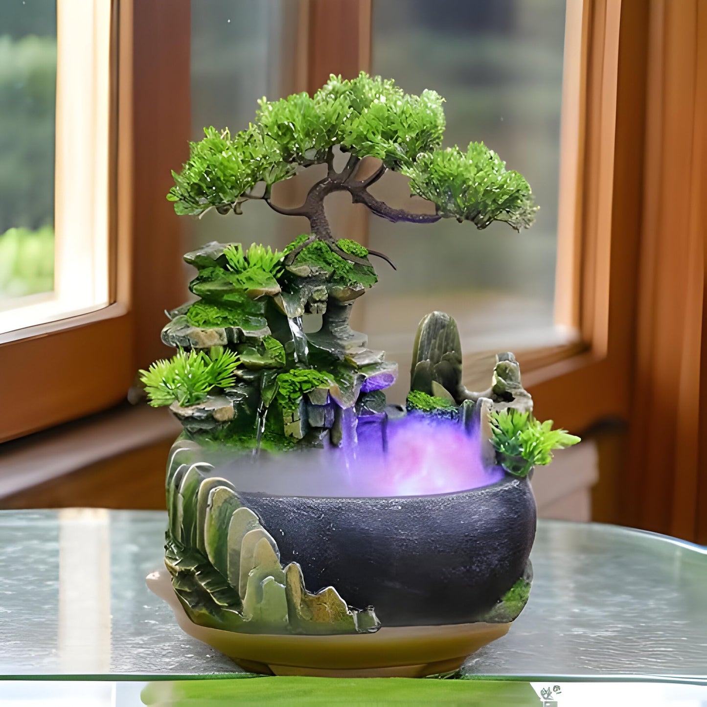 CYLLYKGIFT Tabletop Bonsai Tree Fountain with LED Lights, Rock Waterfall and Fog Mist(5pcs Natural Crystals Included)