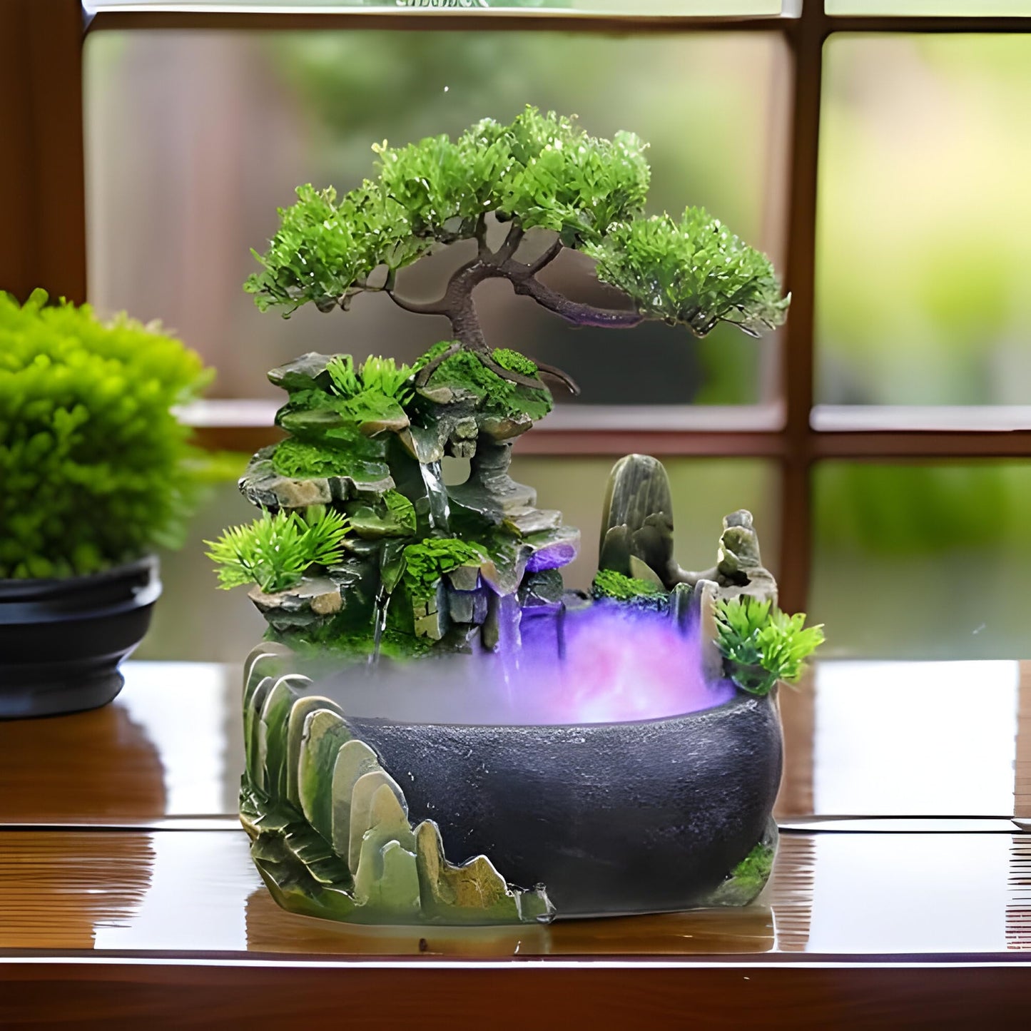 CYLLYKGIFT Tabletop Bonsai Tree Fountain with LED Lights, Rock Waterfall and Fog Mist(5pcs Natural Crystals Included)