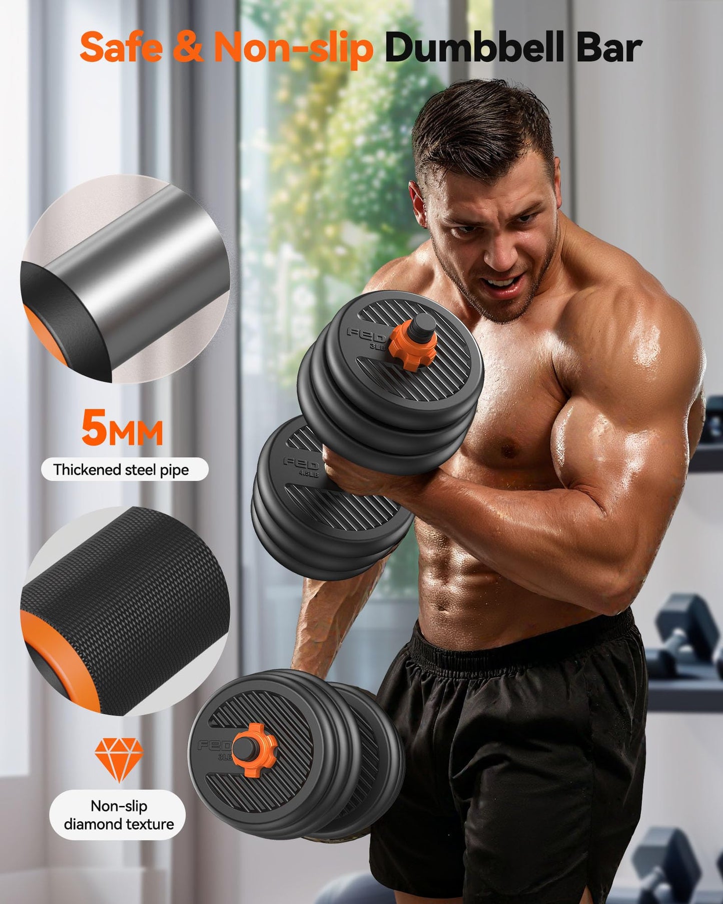 FEIERDUN Adjustable Dumbbells, 45lbs Free Weight Set with Connector, 4 in1 Dumbbells Set Used as Barbell, Kettlebells, Push up Stand, Fitness Exercises for Home Gym Suitable Men/Women