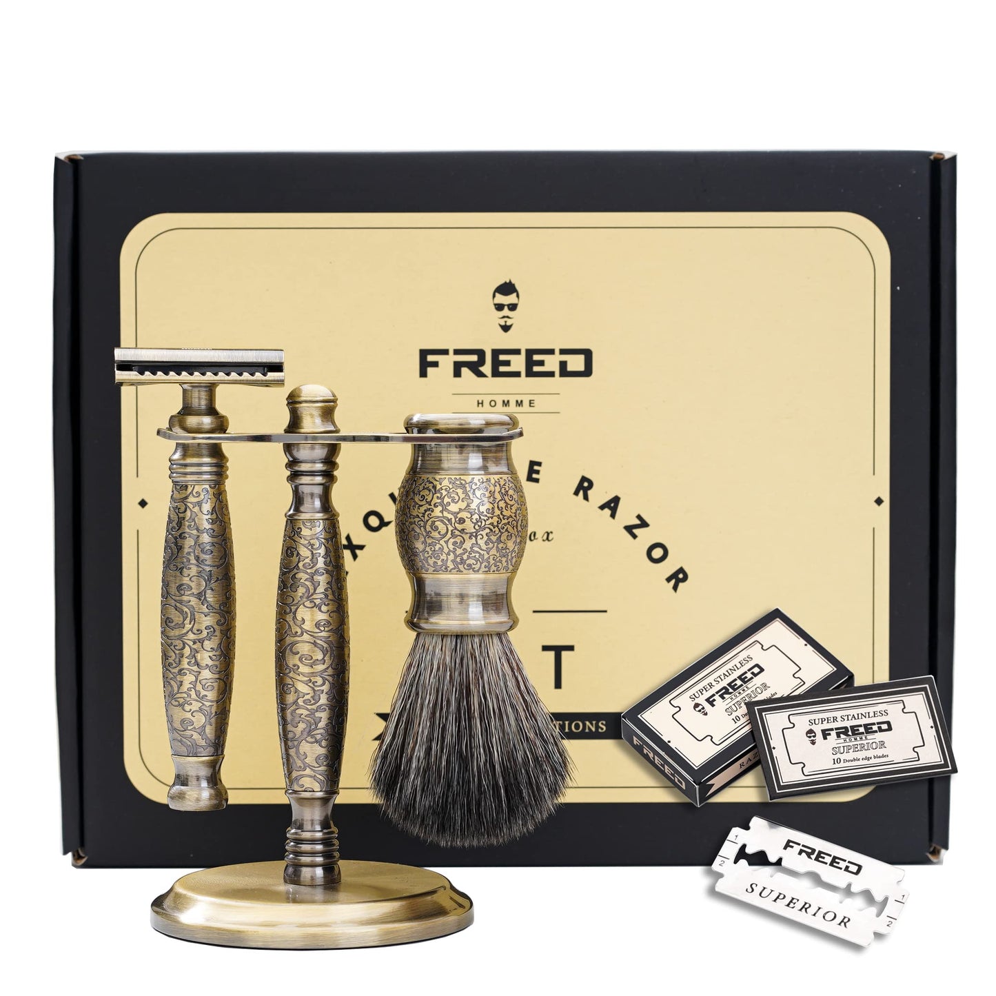 FREED Luxury Shaving Set for Men - Double Edge Safety Razor with alloy handle include 120 count Japanese 6cr13 Stainless Steel, razor stand, shaving brush,christmas gifts for Men,Made in Taiwan