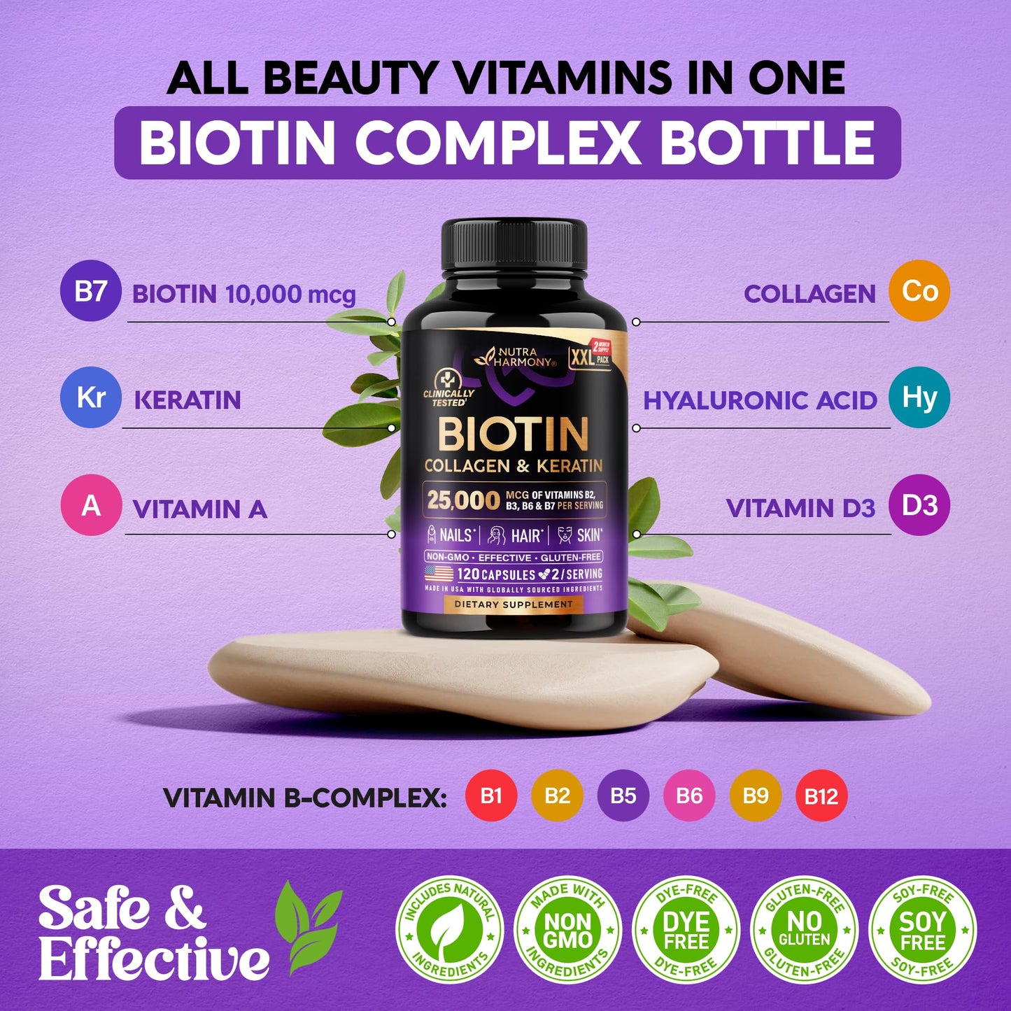 Biotin | Collagen | Keratin - Clinically Tested for Skin, Hair & Nail Support - 25,000 mcg per serving Vitamin B2, B3, B6 & B7 - Made in USA - Dietary Supplement | 120 Capsules, 2 Capsules / Serving