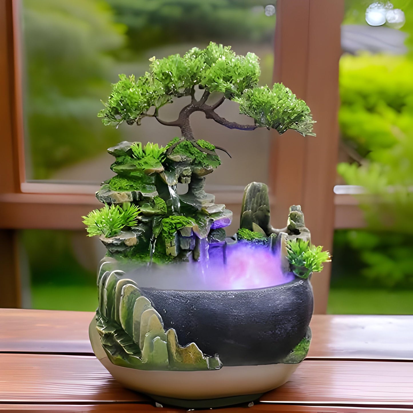 CYLLYKGIFT Tabletop Bonsai Tree Fountain with LED Lights, Rock Waterfall and Fog Mist(5pcs Natural Crystals Included)