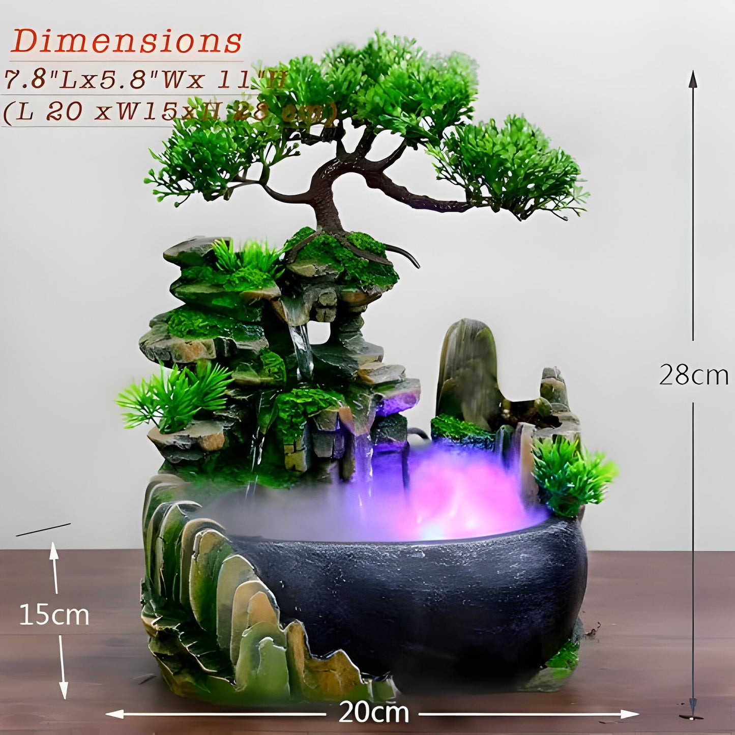 CYLLYKGIFT Tabletop Bonsai Tree Fountain with LED Lights, Rock Waterfall and Fog Mist(5pcs Natural Crystals Included)