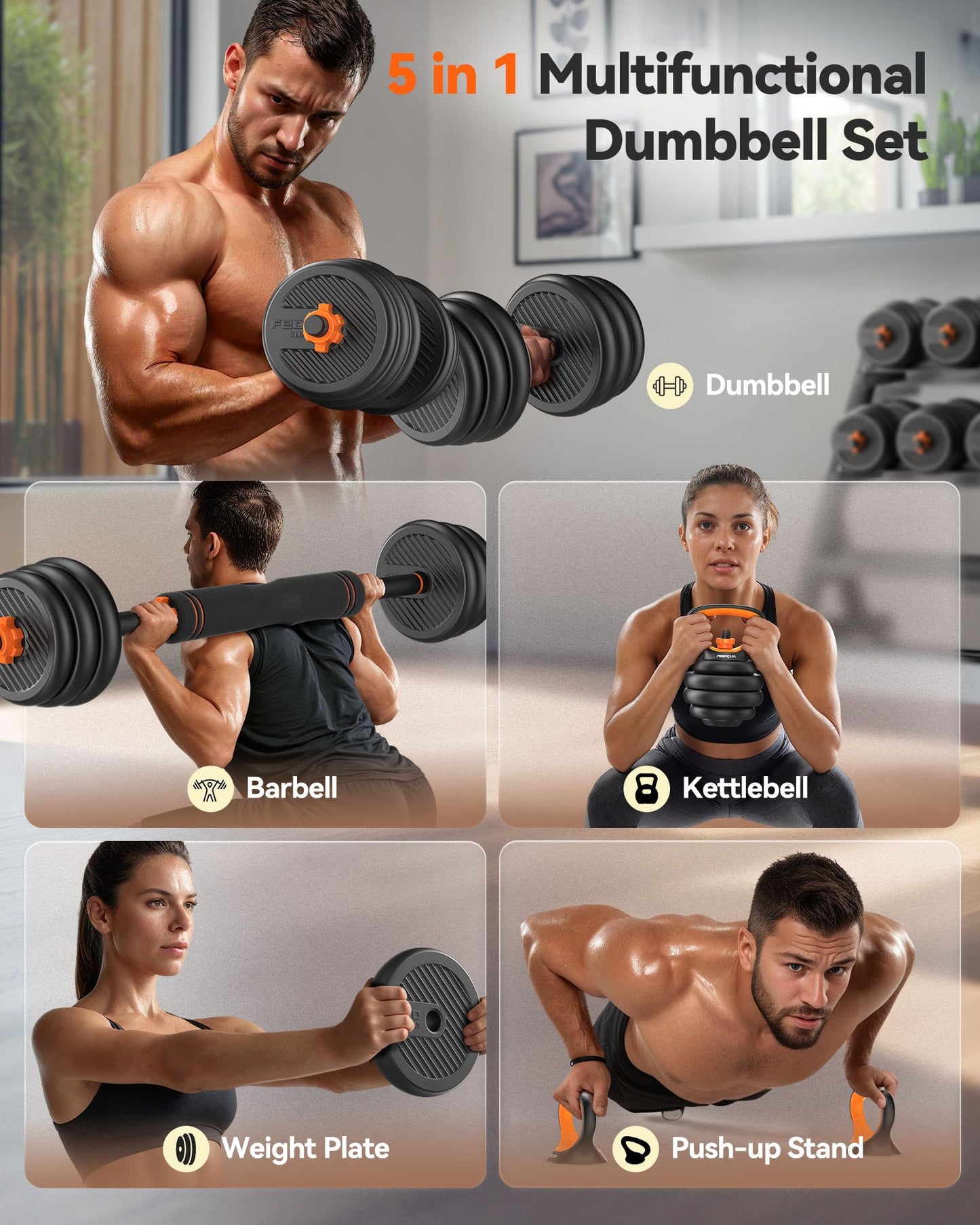 FEIERDUN Adjustable Dumbbells, 45lbs Free Weight Set with Connector, 4 in1 Dumbbells Set Used as Barbell, Kettlebells, Push up Stand, Fitness Exercises for Home Gym Suitable Men/Women