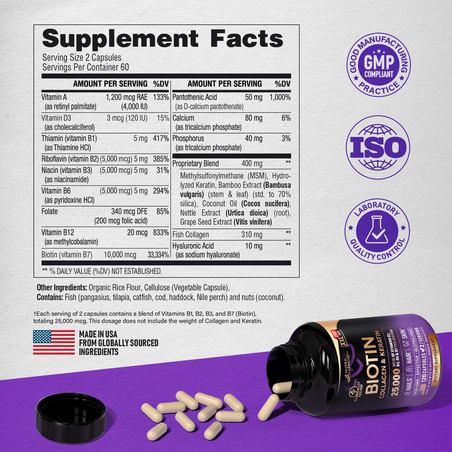 Biotin | Collagen | Keratin - Clinically Tested for Skin, Hair & Nail Support - 25,000 mcg per serving Vitamin B2, B3, B6 & B7 - Made in USA - Dietary Supplement | 120 Capsules, 2 Capsules / Serving