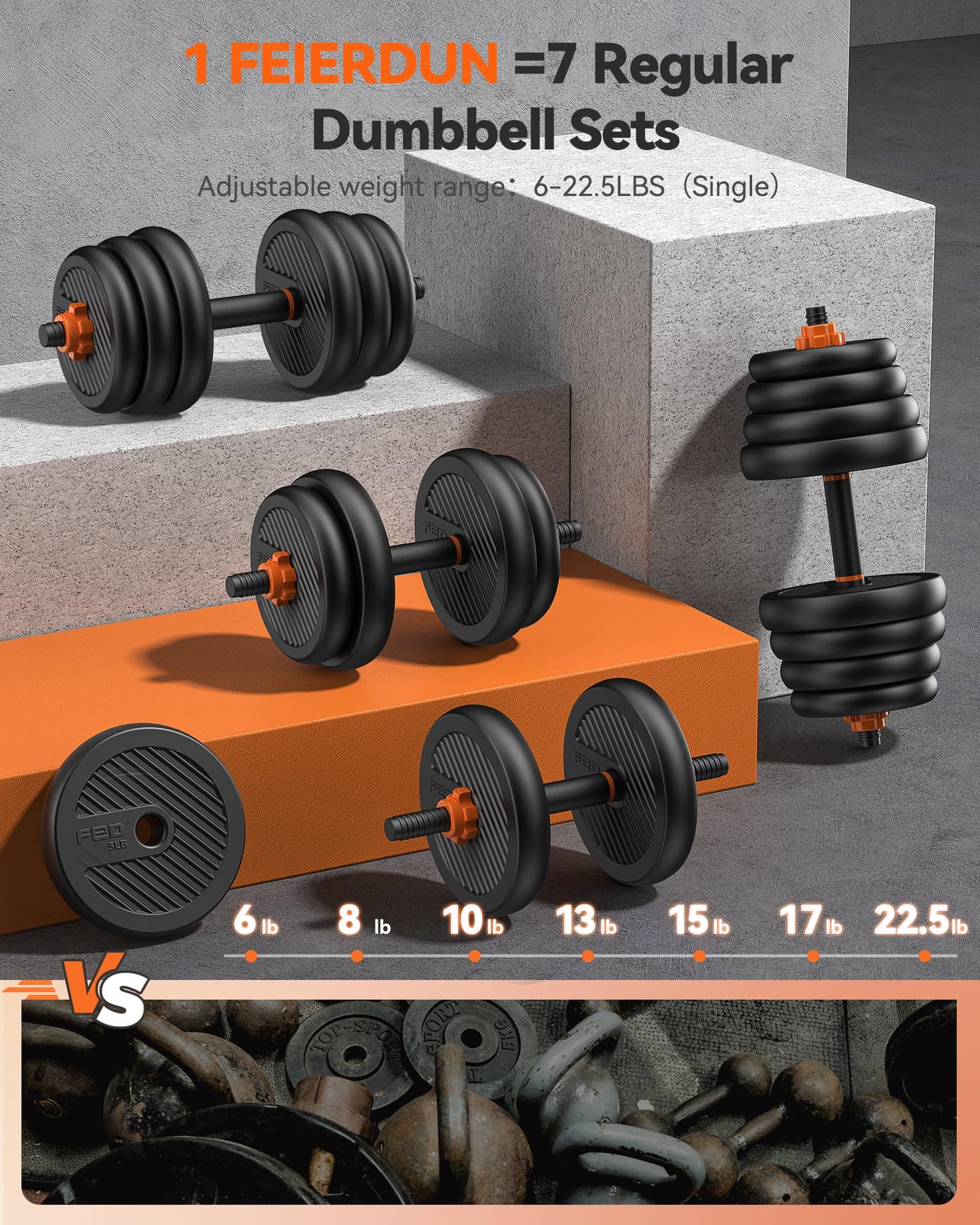 FEIERDUN Adjustable Dumbbells, 45lbs Free Weight Set with Connector, 4 in1 Dumbbells Set Used as Barbell, Kettlebells, Push up Stand, Fitness Exercises for Home Gym Suitable Men/Women