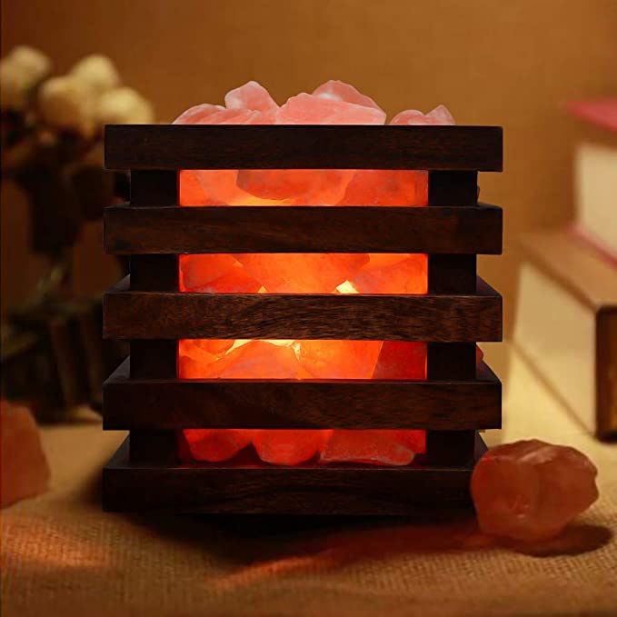 Himalayan Pink Rock Salt Lamp Crystal Night Light - Wooden Casing