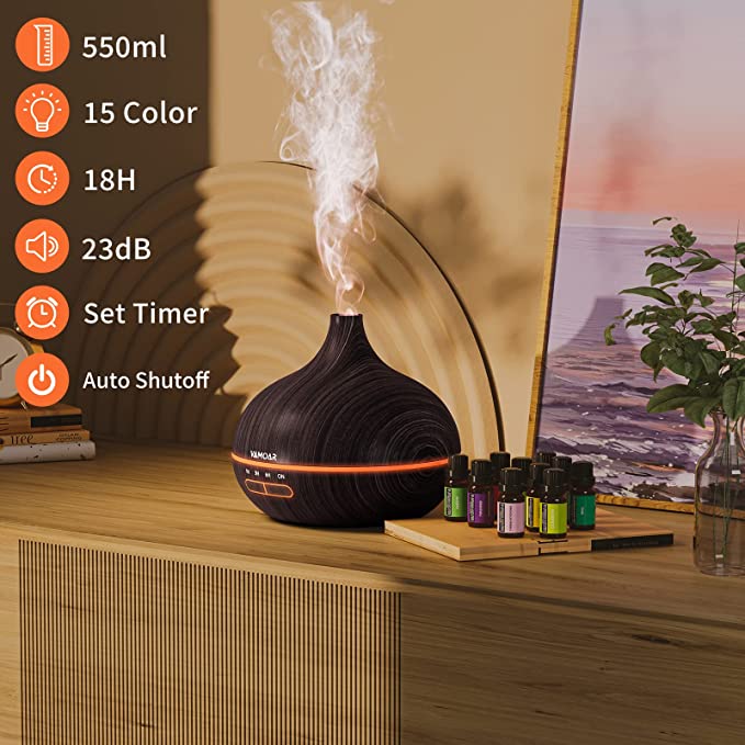 Essential Oil Diffuser Gift Set, 550ml Diffuser & Essential Oil Set, Top 10 Essential Oils, Aromatherapy Diffuser Humidifier with 4 Timer &Auto Shut-Off for & 15 Ambient Light Settings