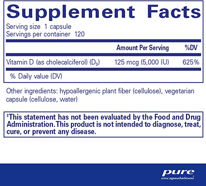 Pure Encapsulations Vitamin D3 125 mcg (5,000 IU) | Supplement to Support Bone, Joint, Breast, Heart, Colon and Immune Health* | 120 Capsules