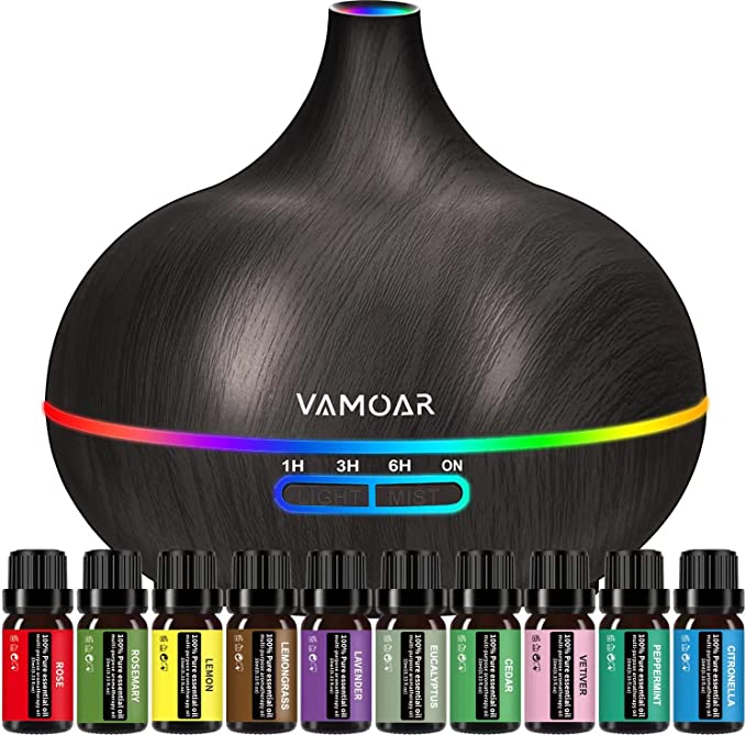 Essential Oil Diffuser Gift Set, 550ml Diffuser & Essential Oil Set, Top 10 Essential Oils, Aromatherapy Diffuser Humidifier with 4 Timer &Auto Shut-Off for & 15 Ambient Light Settings