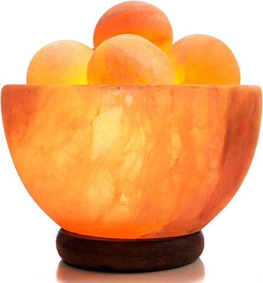 Natural Himalayan Salt Lamp Bowl with 6 Heated Salt Massage Balls, Stylish Wood Base