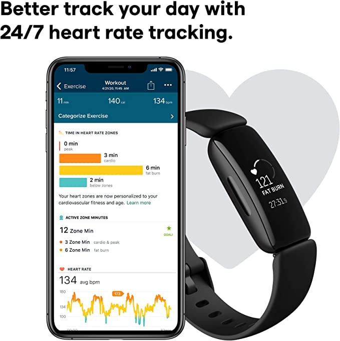 Fitbit Inspire 2 Health & Fitness Tracker with a Free 1-Year Fitbit Premium Trial, 24/7 Heart Rate, Black/Black, One Size (S & L Bands Included)