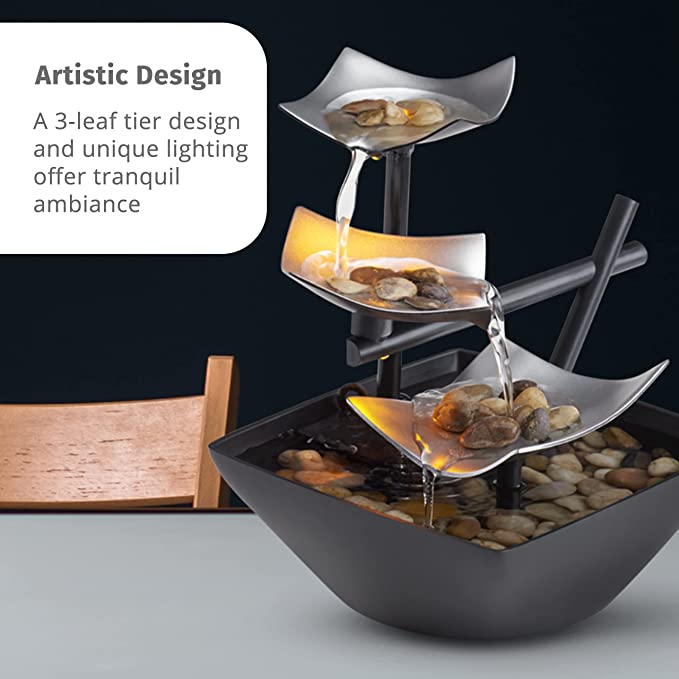 3-Tier Relaxation Tabletop Fountain, Automatic Pump with Power Switch, Extra Deep Basin with Natural River Rocks and Reflective Lighting Feature