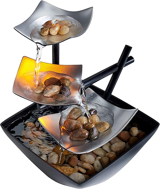 3-Tier Relaxation Tabletop Fountain, Automatic Pump with Power Switch, Extra Deep Basin with Natural River Rocks and Reflective Lighting Feature