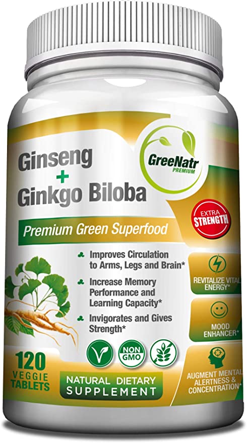 Panax Ginseng + Ginkgo Biloba Tablets - Premium Non-GMO/Veggie Superfood - Traditional Energy Booster and Brain Sharpener