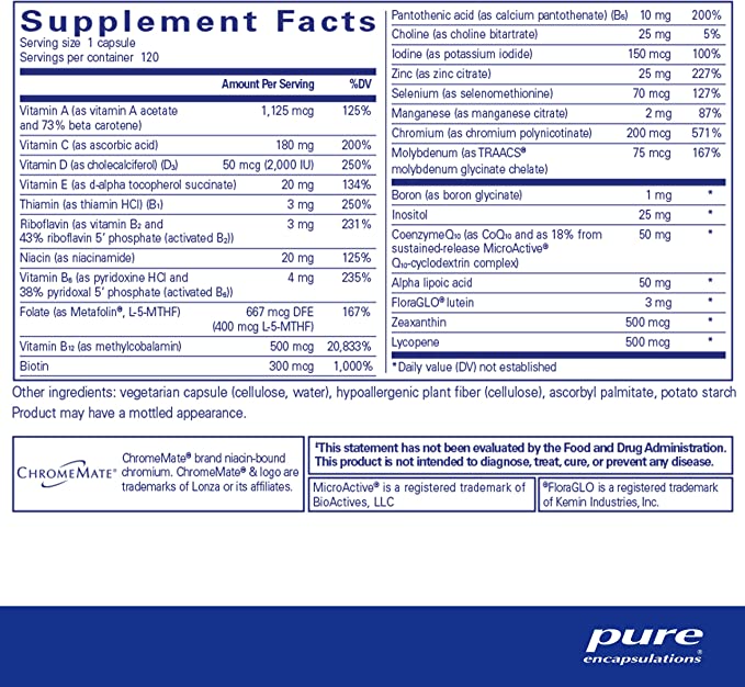 Pure Encapsulations O.N.E. Multivitamin | Once Daily Multivitamin with Antioxidant Complex Metafolin, CoQ10, and Lutein to Support Vision, Cognitive Function, and Cellular Health* | 120 Capsules