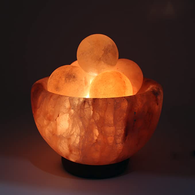 Natural Himalayan Salt Lamp Bowl with 6 Heated Salt Massage Balls, Stylish Wood Base