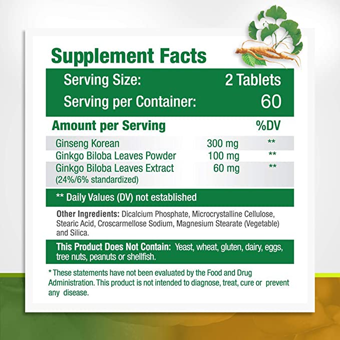 Panax Ginseng + Ginkgo Biloba Tablets - Premium Non-GMO/Veggie Superfood - Traditional Energy Booster and Brain Sharpener