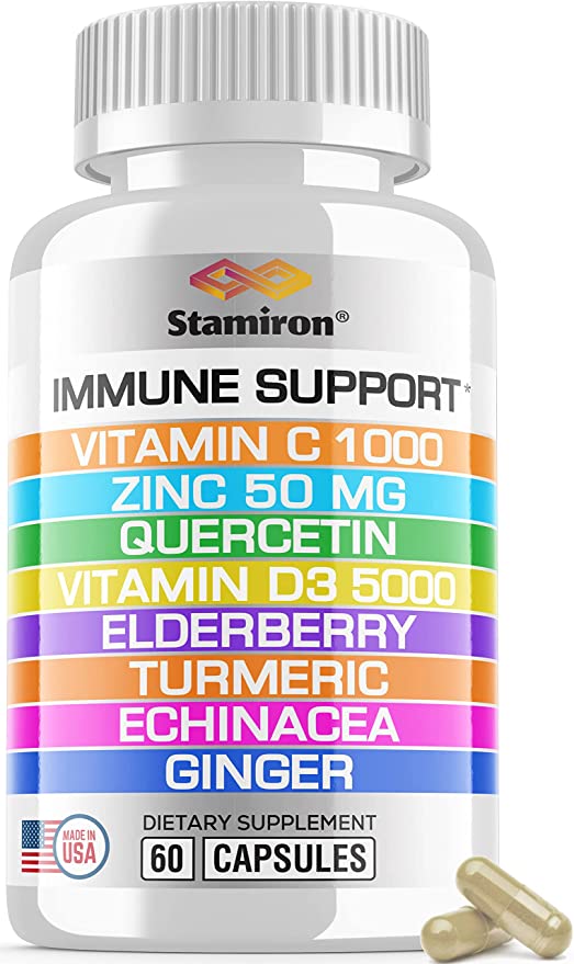 8 in 1 Immune Support with Quercetin Zinc 50mg Vitamin C 1000mg Vitamin D3 5000 IU and Elderberry Echinacea Ginger for Adults Kids