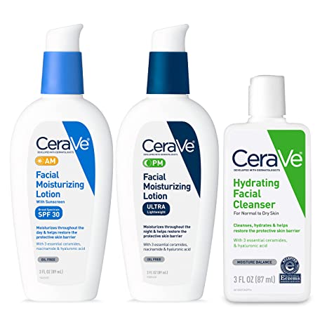 CeraVe AM Face Moisturizer with SPF, PM Face Moisturizer & Hydrating Face Wash Skin Care Set| Travel Size Toiletries